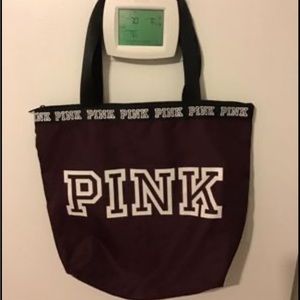 Victoria’s Secret Pink Tote Bag Burgundy Black Zip Closure Large Shoulder Straps